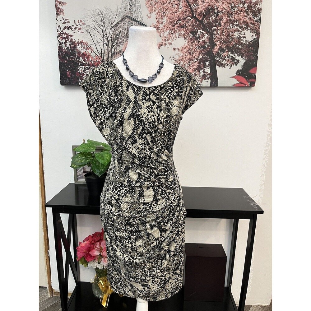 Kenneth Cole NY Snakeskin Dress Green Black Ruched Draped Sheath Faux Wrap 8